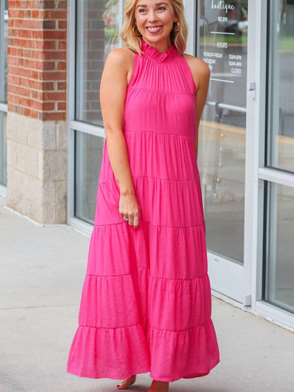 Tiered Rose Red Maxi Dress with High Frilled Neck