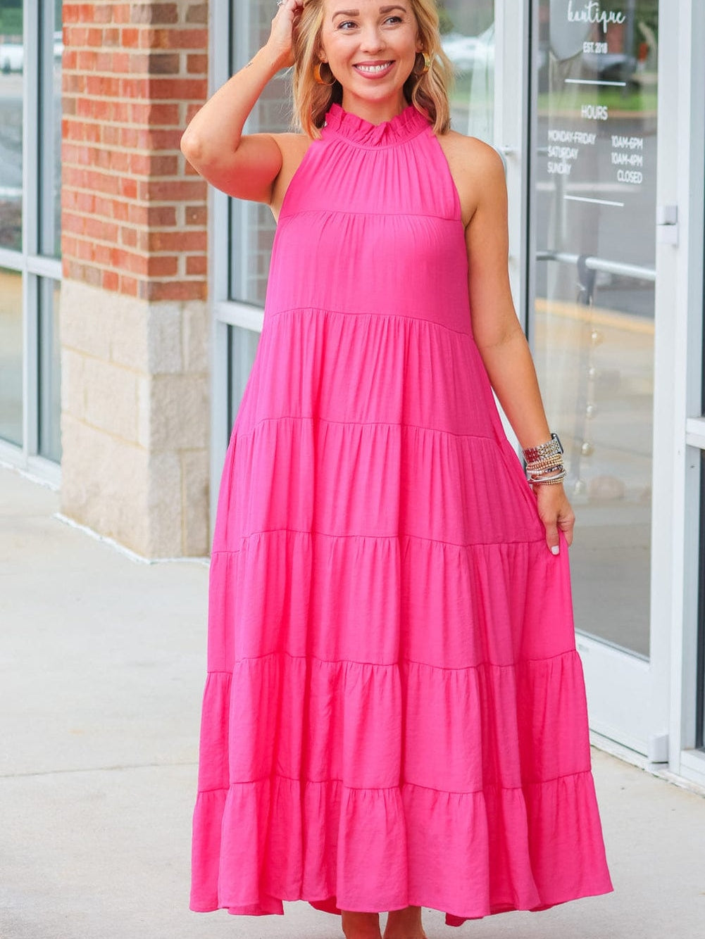 Tiered Rose Red Maxi Dress with High Frilled Neck