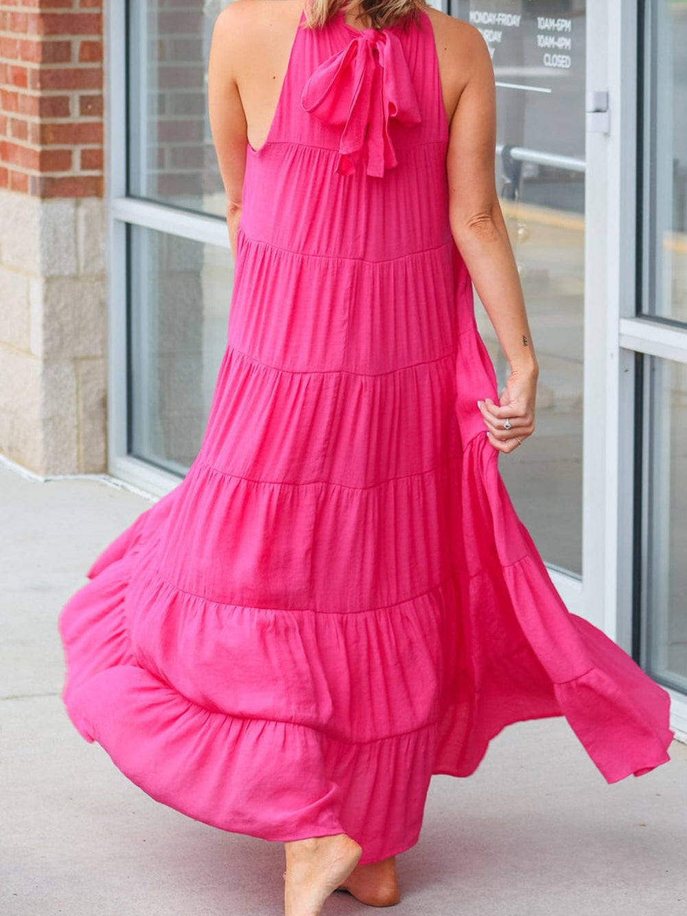 Tiered Rose Red Maxi Dress with High Frilled Neck