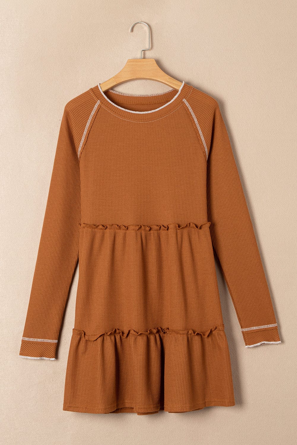 Tiered Ruffled Chestnut Waffle Knit Mini Dress with Long Sleeves
