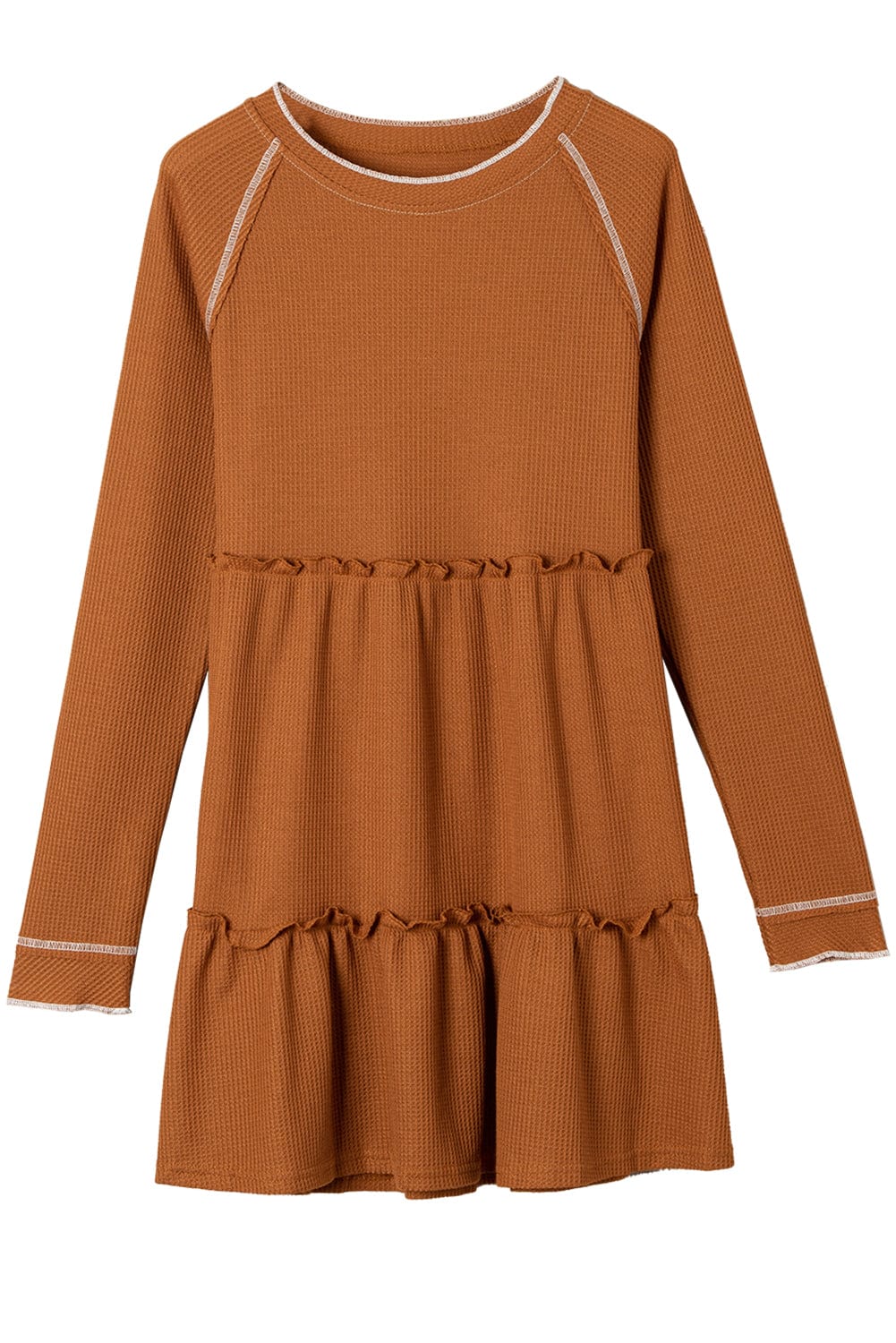 Tiered Ruffled Chestnut Waffle Knit Mini Dress with Long Sleeves
