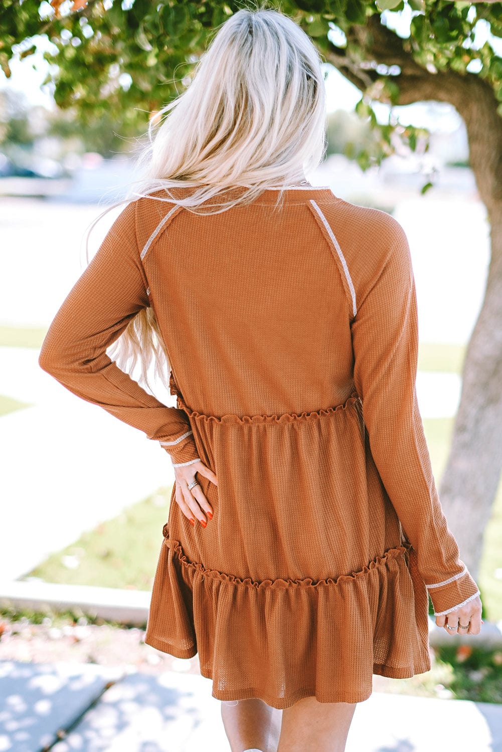 Tiered Ruffled Chestnut Waffle Knit Mini Dress with Long Sleeves