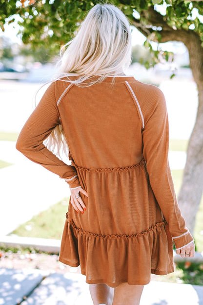Tiered Ruffled Chestnut Waffle Knit Mini Dress with Long Sleeves