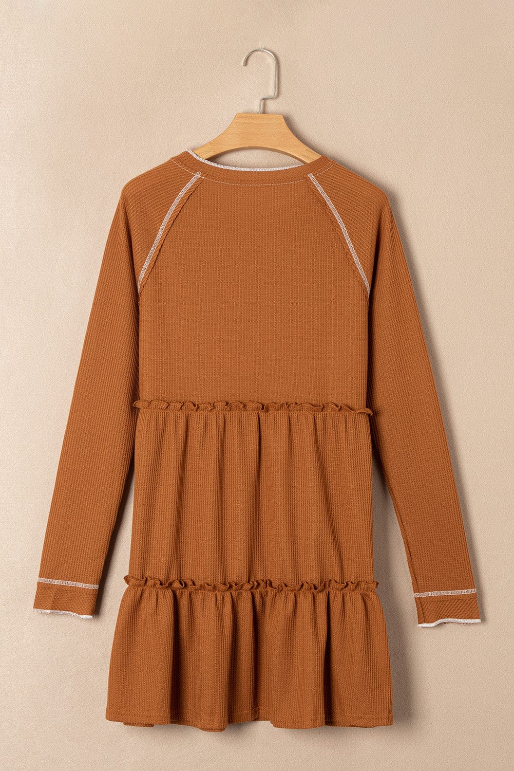 Tiered Ruffled Chestnut Waffle Knit Mini Dress with Long Sleeves