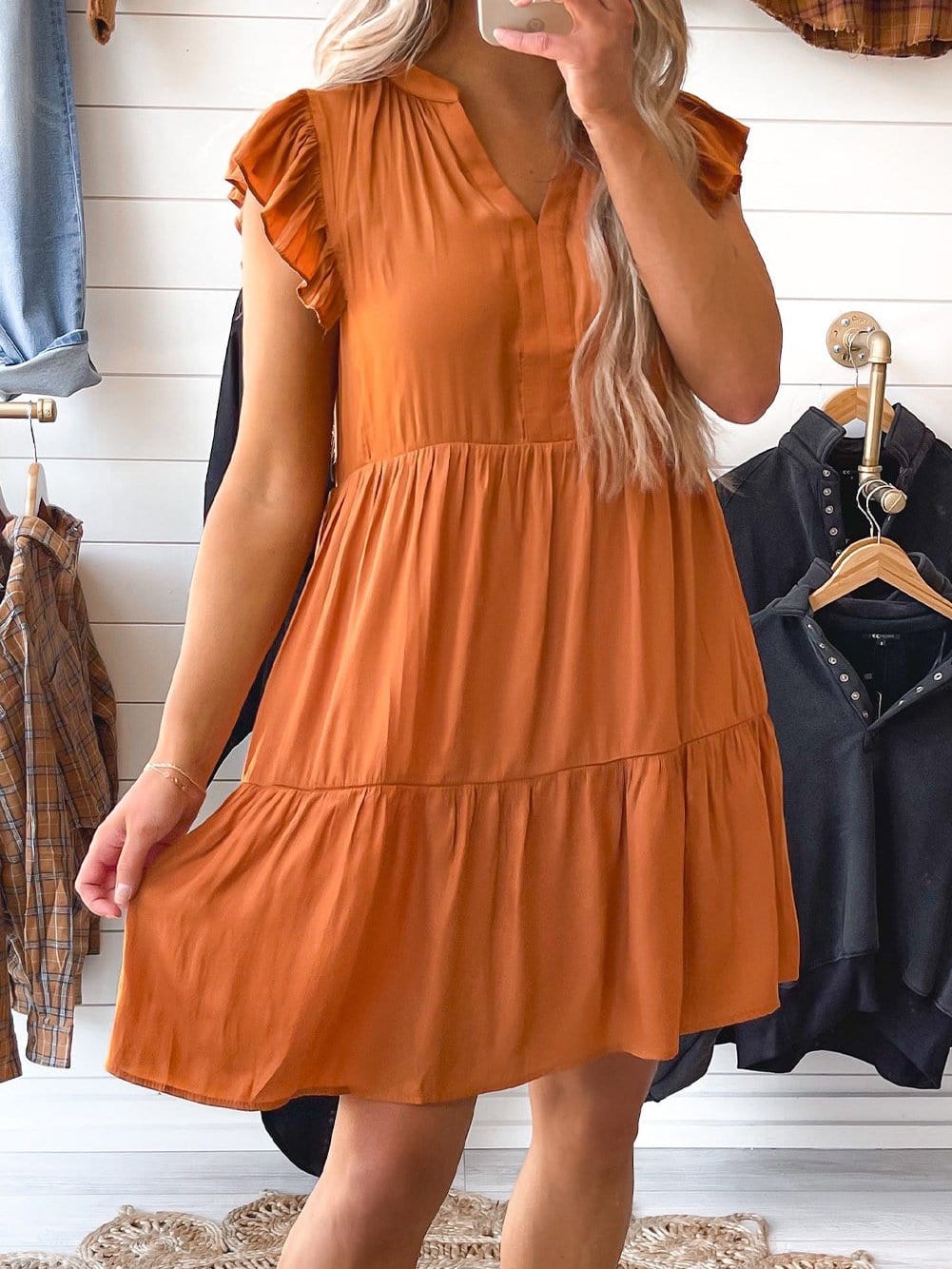 Tiered Rust Orange Ruffle Sleeve V-Neck Mini Dress with Southern Belle Style
