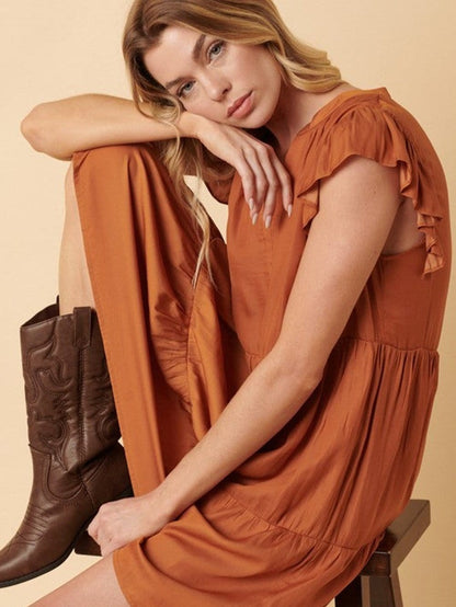 Tiered Rust Orange Ruffle Sleeve V-Neck Mini Dress with Southern Belle Style