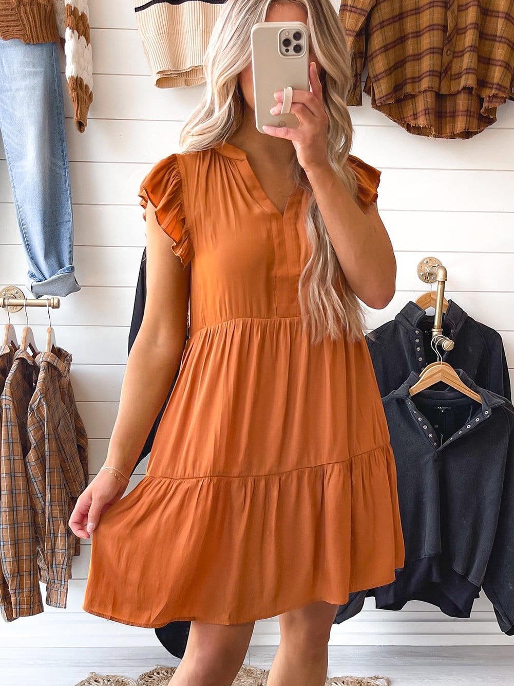 Tiered Rust Orange Ruffle Sleeve V-Neck Mini Dress with Southern Belle Style