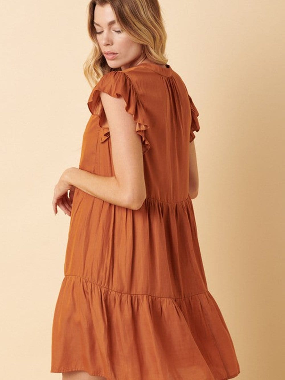 Tiered Rust Orange Ruffle Sleeve V-Neck Mini Dress with Southern Belle Style