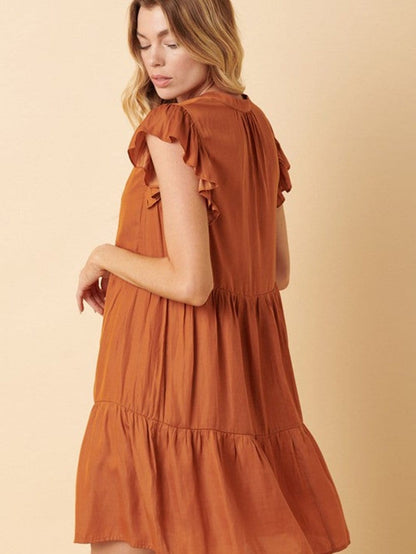 Tiered Rust Orange Ruffle Sleeve V-Neck Mini Dress with Southern Belle Style