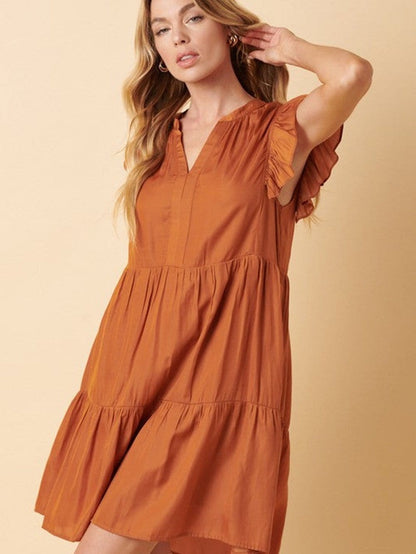 Tiered Rust Orange Ruffle Sleeve V-Neck Mini Dress with Southern Belle Style