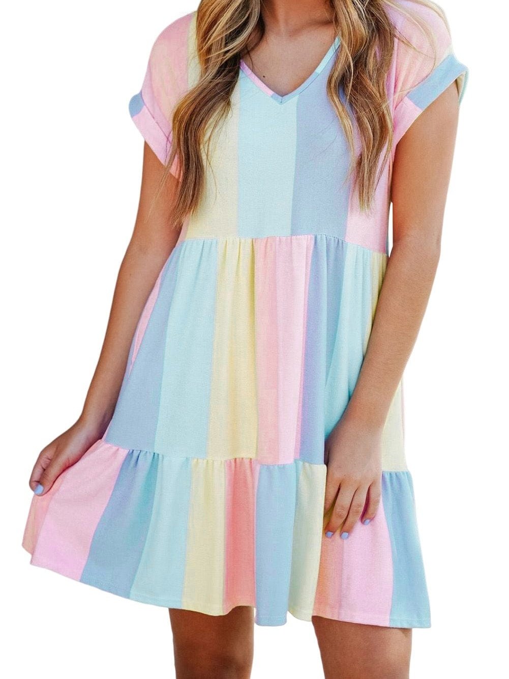 Tiered Striped Color Block Mini Dress with Multicolor Stripes