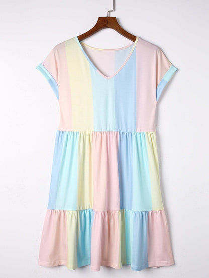 Tiered Striped Color Block Mini Dress with Multicolor Stripes
