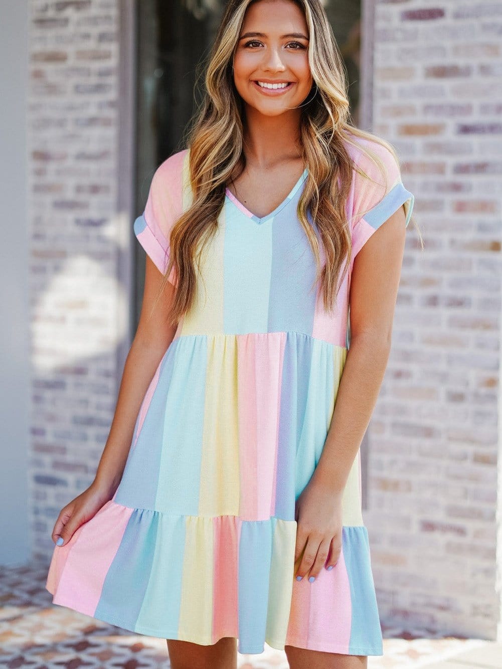 Tiered Striped Color Block Mini Dress with Multicolor Stripes