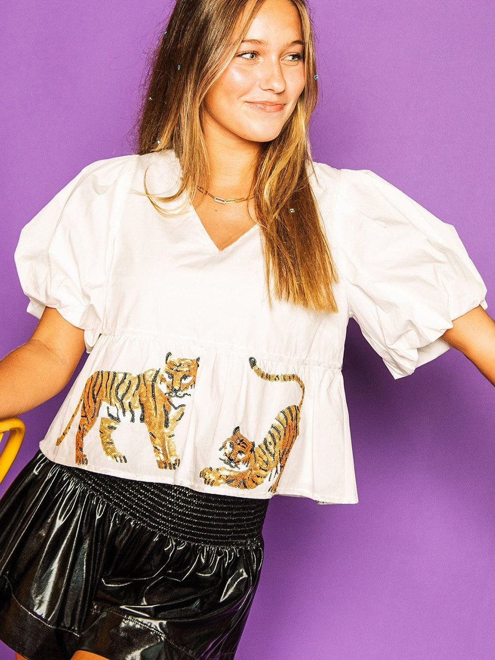 Tiger Sequin Embellished V-Neck Puff Sleeve Blouse