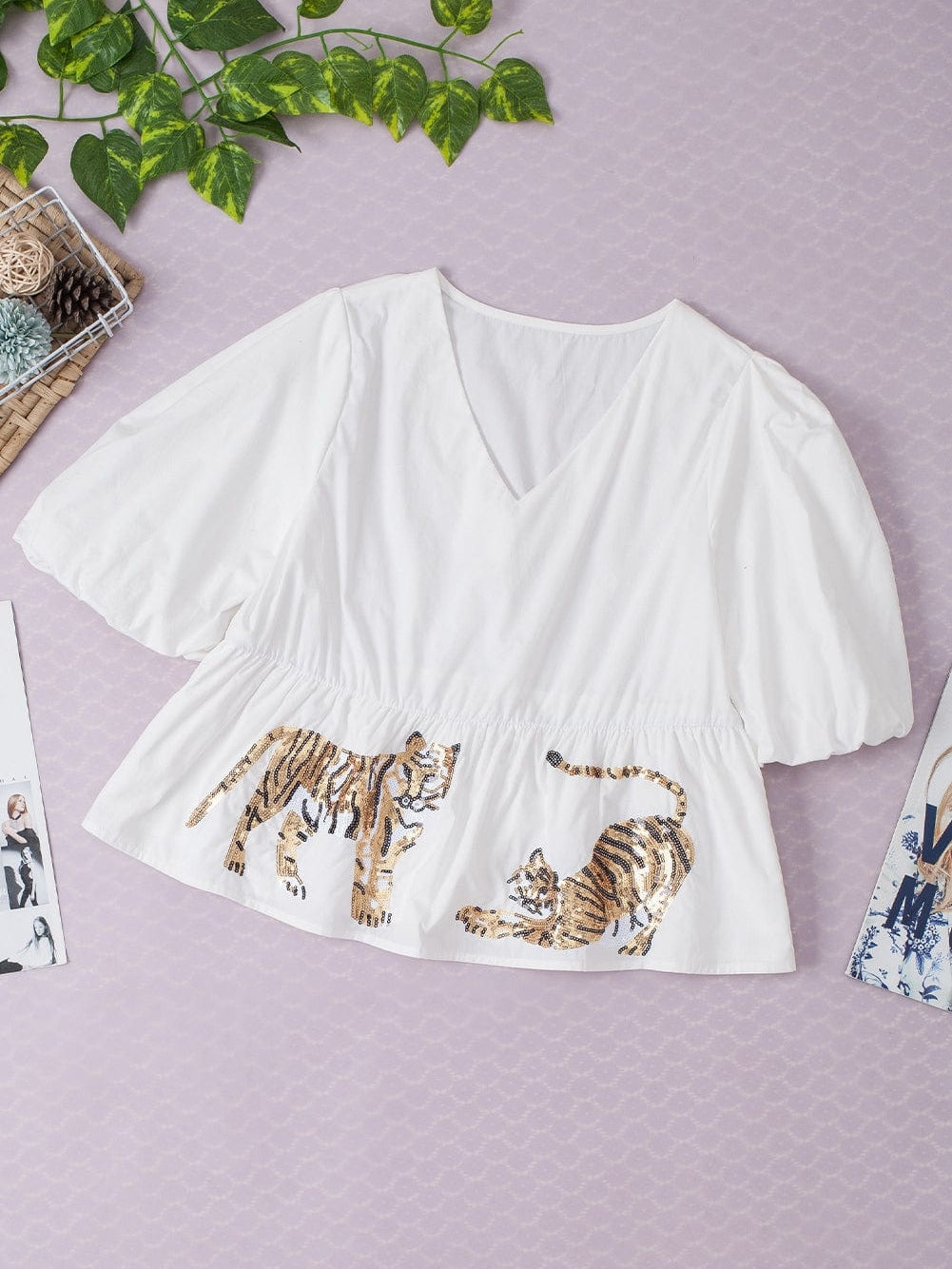 Tiger Sequin Embellished V-Neck Puff Sleeve Blouse