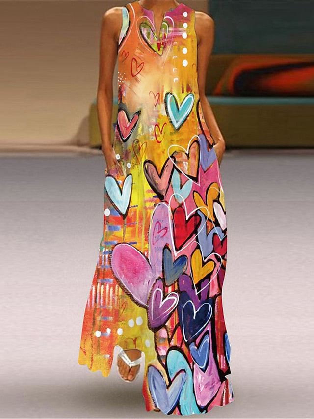 Women's Dress - Long Dress Maxi Dress Casual Dress Swing Dress Tank Dress Floral Heart Fashion Casual Outdoor Daily Vacation Print Short Sleeve V Neck Dress Regular Fit Yellow Gold Green Spring Summer S M L