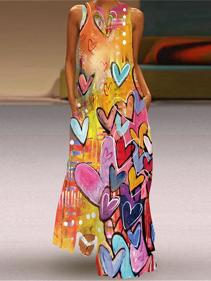 Women's Dress - Long Dress Maxi Dress Casual Dress Swing Dress Tank Dress Floral Heart Fashion Casual Outdoor Daily Vacation Print Short Sleeve V Neck Dress Regular Fit Yellow Gold Green Spring Summer S M L