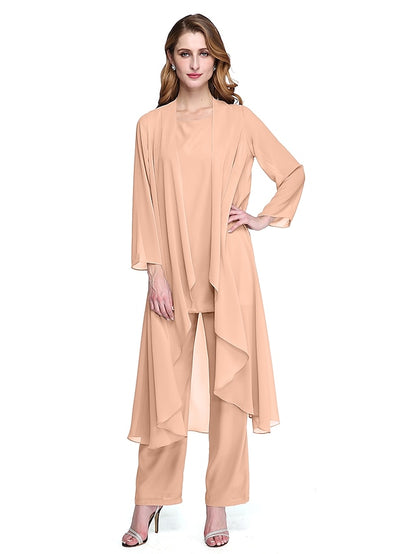 Jumpsuit / Pantsuit Mother of the Bride Dress Plus Size Elegant Bateau Neck Floor Length Chiffon Sleeveless yes with Solid Color 2023 - LuckyFash™