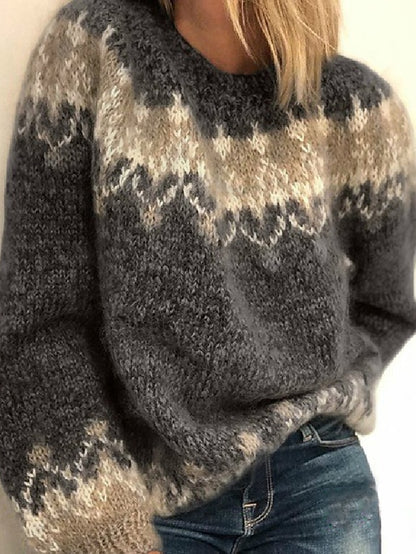 Women's Pullover Sweater Jumper Crew Neck Chunky Knit Knitted Drop Shoulder Fall Winter Daily Holiday Going out Vintage Style Casual Long Sleeve Geometric Black Wine Blue S M L