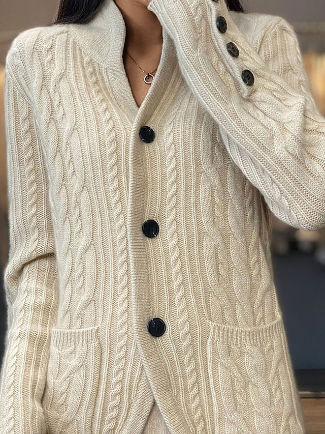 Women's Cardigan Sweater V Neck Cable Knit Polyester Button Pocket Fall Winter Short Daily Going out Weekend Stylish Casual Soft Long Sleeve Solid Color White Camel Brown S M L