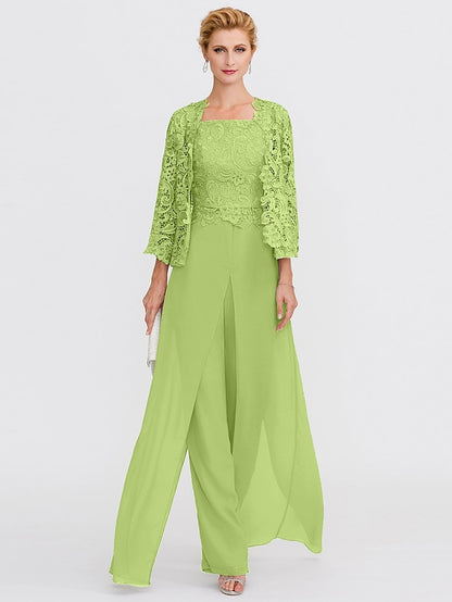Jumpsuit / Pantsuit Mother of the Bride Dress Formal Plus Size Elegant Square Neck Floor Length Chiffon Corded Lace Sleeveless Wrap Included with Lace Appliques 2023 - LuckyFash™