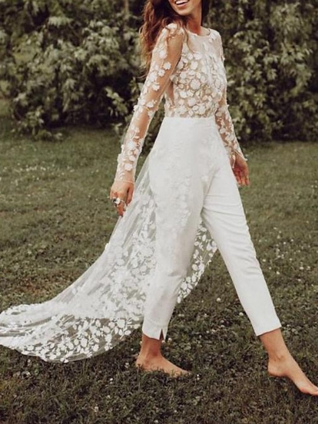 Hall Open Back Wedding Dresses Jumpsuits Scoop Neck Long Sleeve Sweep / Brush Train Lace Bridal Gowns With Flower 2023 Summer Wedding Party, Women's Clothing - LuckyFash™