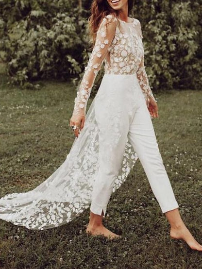 Hall Open Back Wedding Dresses Jumpsuits Scoop Neck Long Sleeve Sweep / Brush Train Lace Bridal Gowns With Flower 2023 Summer Wedding Party, Women's Clothing - LuckyFash™