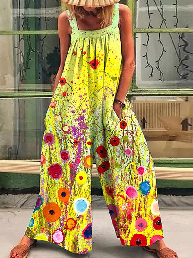 Jumpsuits for Women Summer Overall Pocket Print Floral Square Neck Casual Daily Holiday Regular Fit Sleeveless Black Yellow Blue S M L - LuckyFash™