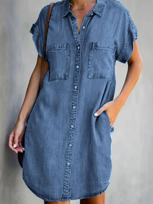 Women's Dress - Denim Shirt Dress Midi Dress Denim Hot Casual Daily Weekend Shirt Collar Pocket Rolled Cuff Short Sleeve Summer Spring 2023 Loose Fit Light Blue Pure Color S M L XL XXL