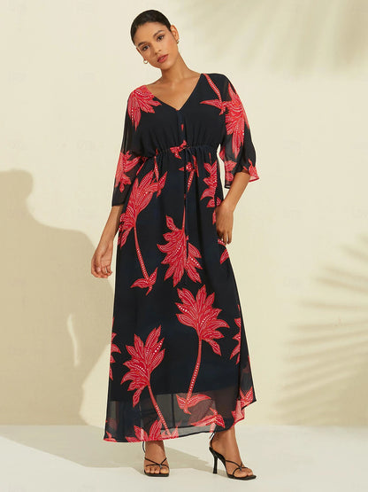 Chiffon Leaf Flower Print V Neck Maxi Dress