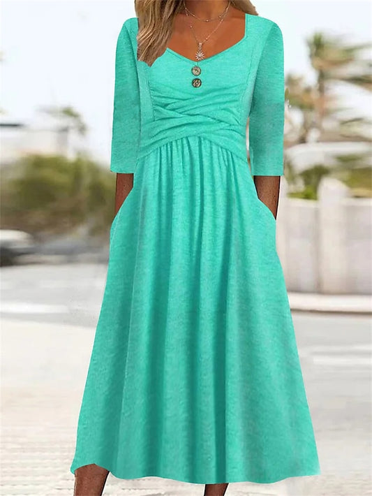 Women's Dress - Casual Dress Summer Dress Pleated Dress Plain Ruched Button V Neck Midi Dress Fashion Basic Outdoor Daily Half Sleeve Loose Fit Dark Green Green Summer Spring S M L XL XXL