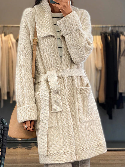 Women's Cardigan Sweater Jumper Cable Knit Long Lace up Button Solid Color Shirt Collar Stylish Casual Outdoor Holiday Fall Winter Beige S M L