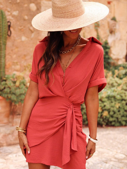 Tomato Red Collared Pleated Mini Dress with Buttoned Neckline