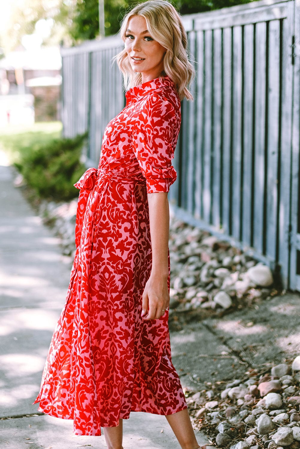 Tomato Red Floral Print Maxi Dress with V Neck and Belt
