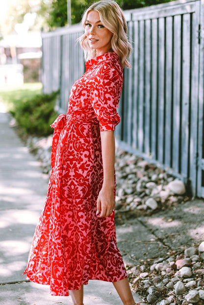 Tomato Red Floral Print Maxi Dress with V Neck and Belt