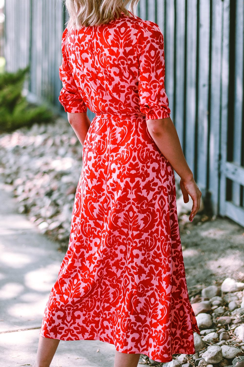 Tomato Red Floral Print Maxi Dress with V Neck and Belt