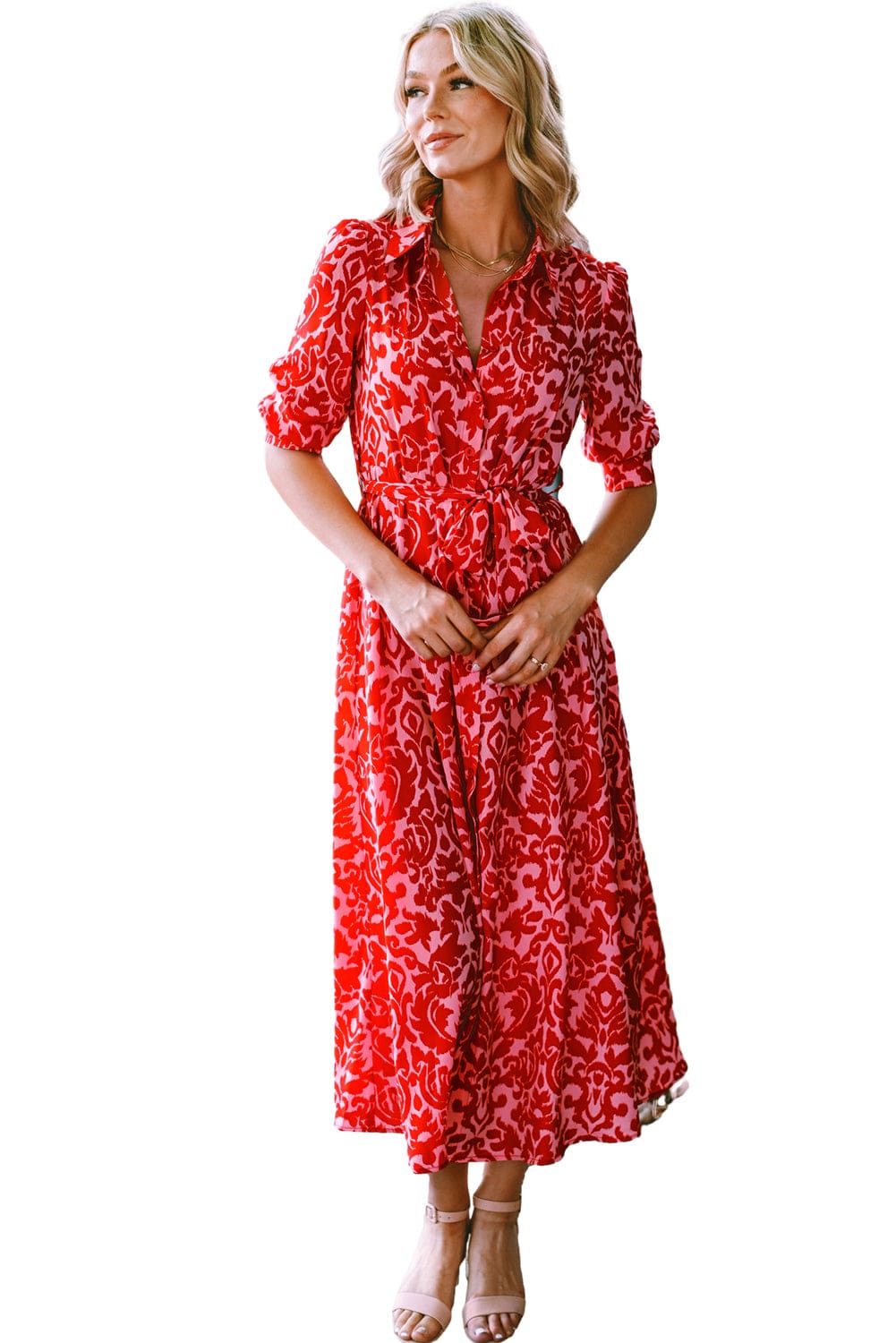 Tomato Red Floral Print Maxi Dress with V Neck and Belt