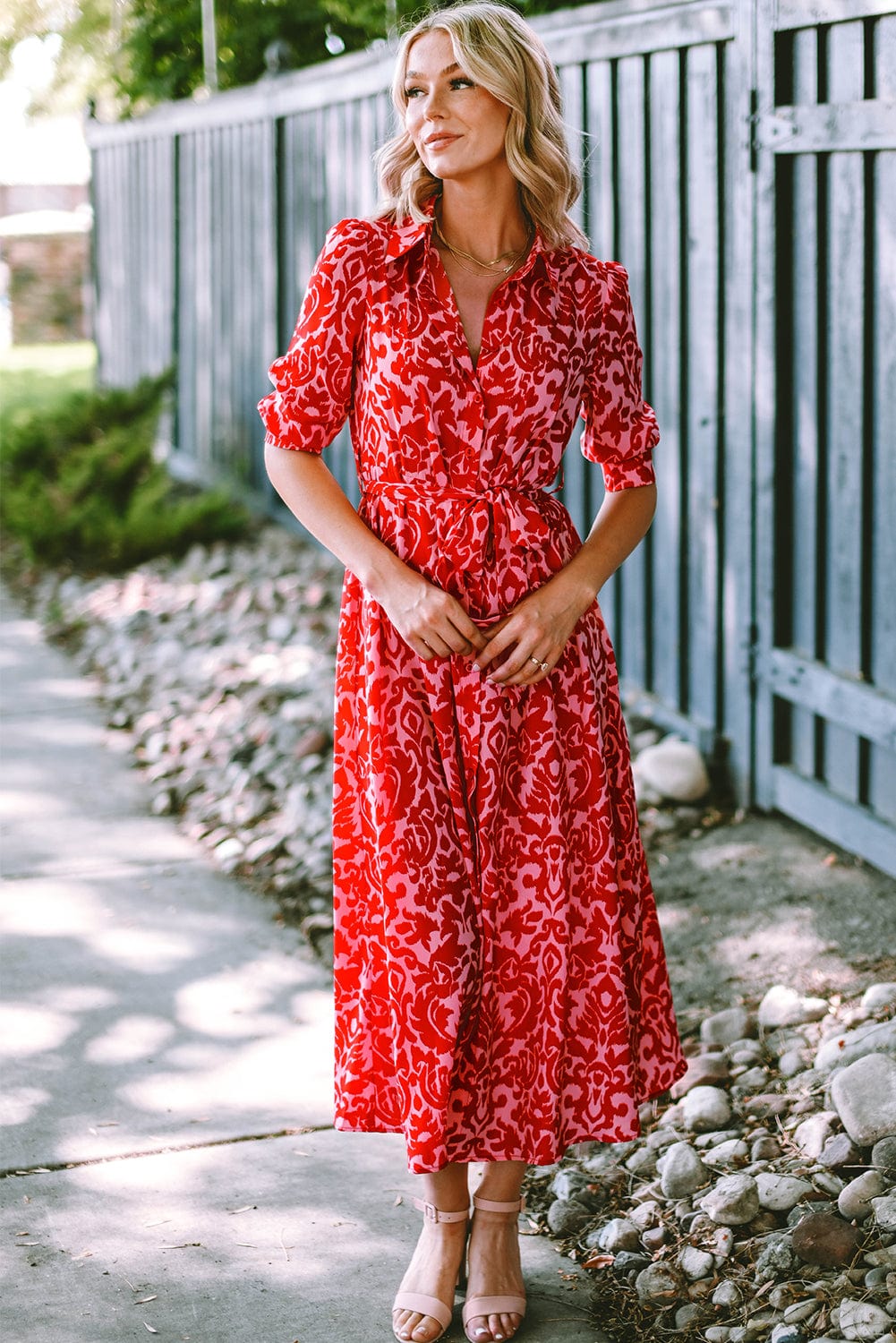 Tomato Red Floral Print Maxi Dress with V Neck and Belt