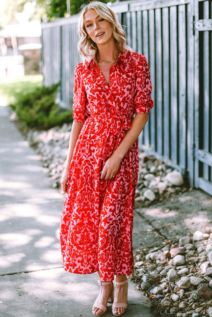 Tomato Red Floral Print Maxi Dress with V Neck and Belt