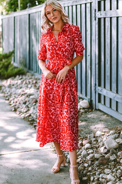 Tomato Red Floral Print Maxi Dress with V Neck and Belt