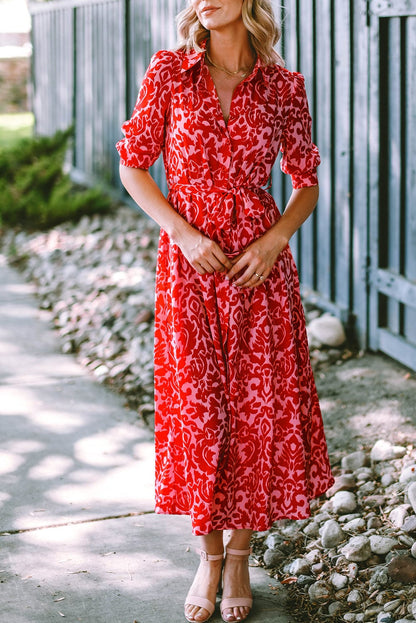 Tomato Red Floral Print Maxi Dress with V Neck and Belt