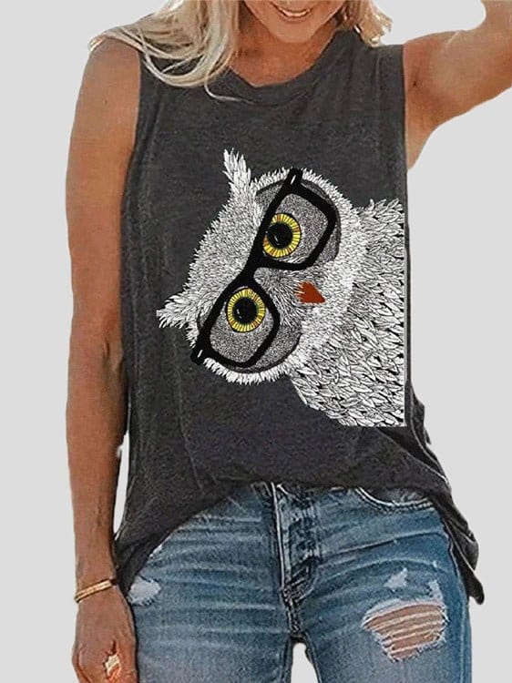 Tops Owl Print Crew Neck Sleeveless Tank Top