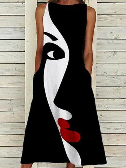 Women's Dress - Casual Dress Midi Dress Black Sleeveless Print Print Spring Summer Crew Neck Casual Weekend 2023 S M L XL XXL 3XL