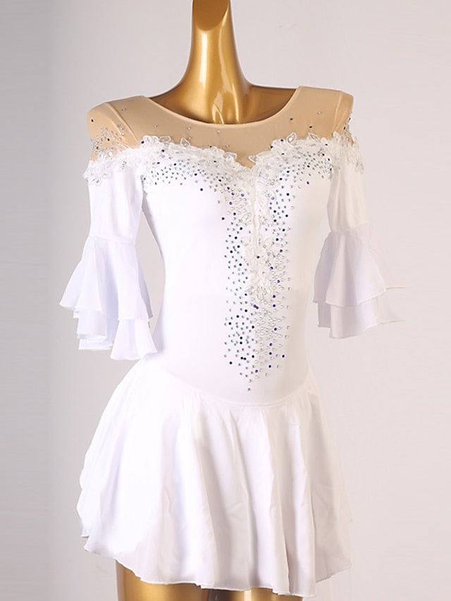 Figure Skating Dress Ruffles Crystals / Rhinestones Women's Girls' Training Performance Half Sleeve High Mesh Spandex - LuckyFash™