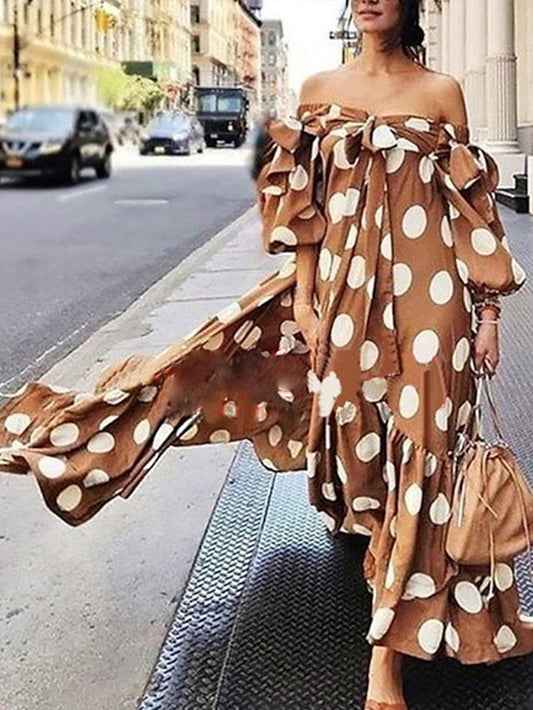 Women's Dress - Casual Dress Swing Dress Long Dress Maxi Dress Black Red Brown Sleeveless Polka Dot Print Fall Autumn Off Shoulder Loose Fit 2023 S M L XL XXL XXXL 4XL 5XL