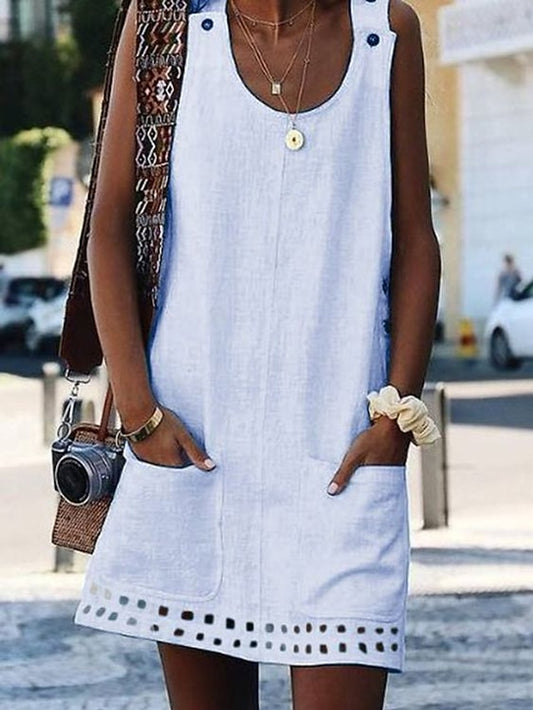 Women's Dress - Cotton Linen Dress Casual Dress Shift Dress Mini Dress Cotton Modern Casual Daily Vacation U Neck Hollow Out Button Sleeveless Summer Spring 2023 Loose Fit Black White Yellow Pure Color S M L