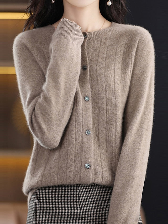 Women's Cardigan Sweater Jacket Crew Neck Cable Knit Polyester Button Knitted Fall Winter Regular Outdoor Daily Going out Streetwear Stylish Casual Long Sleeve Pure Color White Brown Apricot S M L
