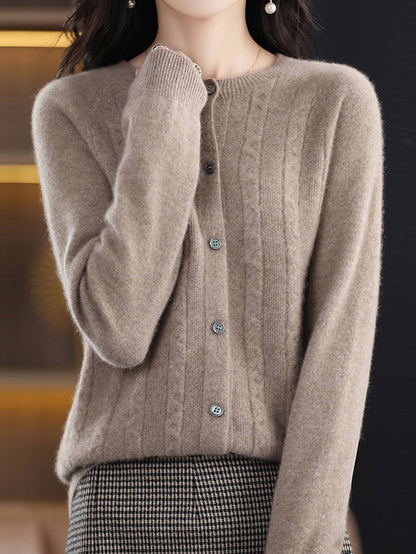 Women's Cardigan Sweater Jacket Crew Neck Cable Knit Polyester Button Knitted Fall Winter Regular Outdoor Daily Going out Streetwear Stylish Casual Long Sleeve Pure Color White Brown Apricot S M L