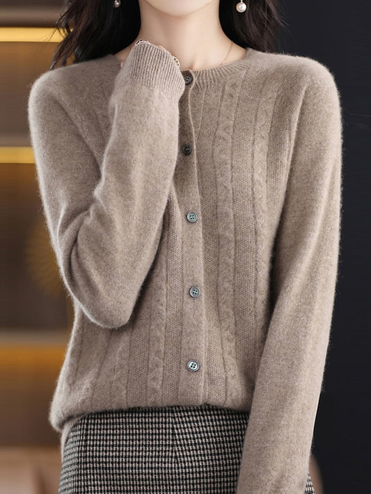 Women's Cardigan Sweater Jacket Crew Neck Cable Knit Polyester Button Knitted Fall Winter Regular Outdoor Daily Going out Streetwear Stylish Casual Long Sleeve Pure Color White Brown Apricot S M L