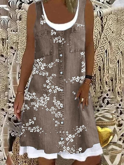 Women's Dress - Denim Dress Casual Dress Mini Dress Blue Dusty Blue Light Blue Sleeveless Floral Patchwork Summer Spring U Neck Fashion Vacation Loose Fit 2023 S M L XL XXL 3XL 4XL 5XL